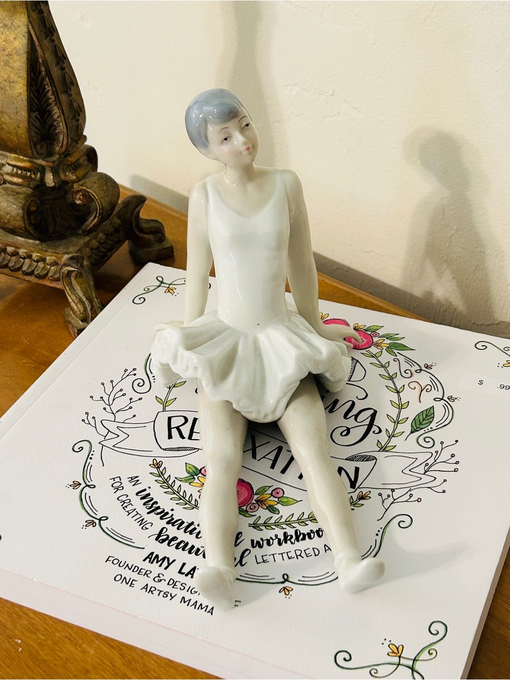 Porcelain Ballerina Figurine in White with Light Blue Hair